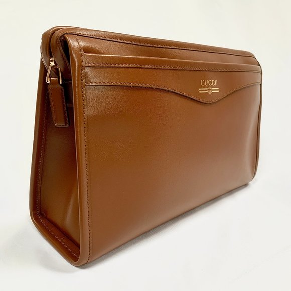 Gucci Metallic Print Logo Smooth Leather Clutch in Brown NEW IN BOX WITH DUSTBAG - Picture 2 of 11